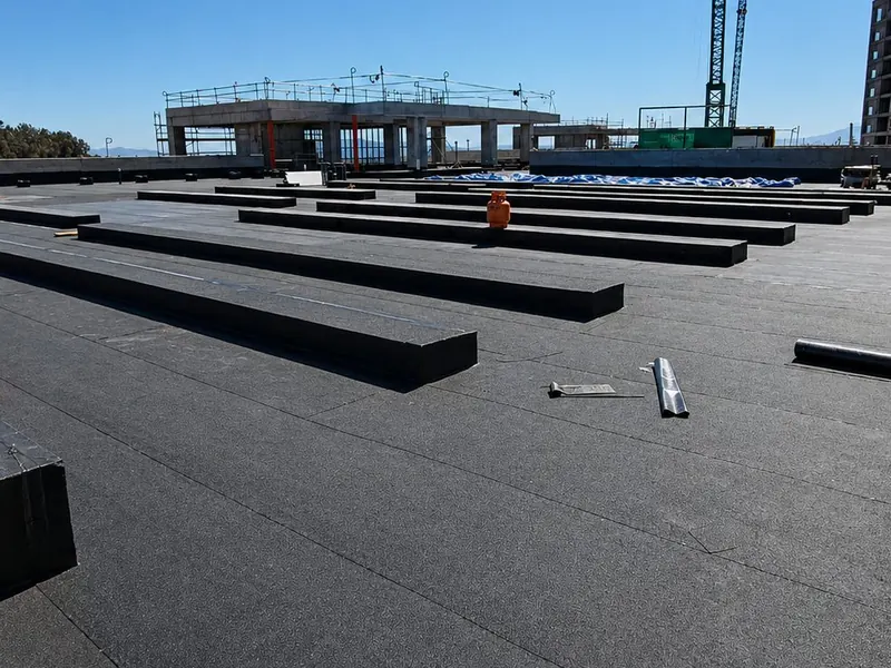 Cubierta de un edificio en construcción con su membrana asfáltica instalada y una grúa al fondo