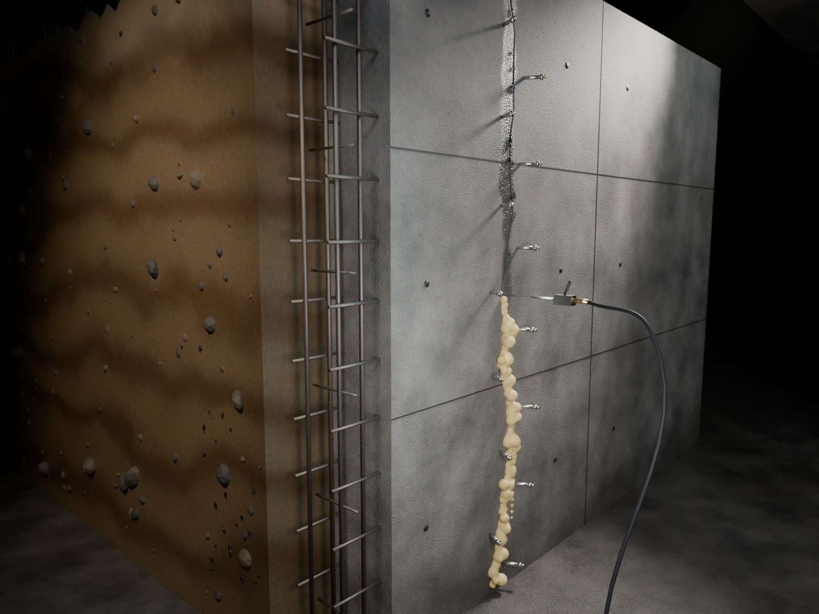 Render de una inyección de poliuretano: muro en corte con su armadura, packers en la fisura, la resina aflorando y la manguera conectada